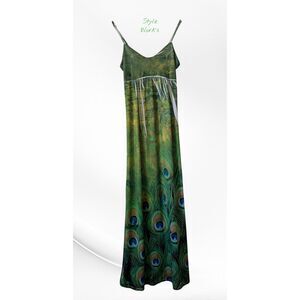 Style Works Peacock Feather Maxi Dress Green Blue Boho Spaghetti Strap
